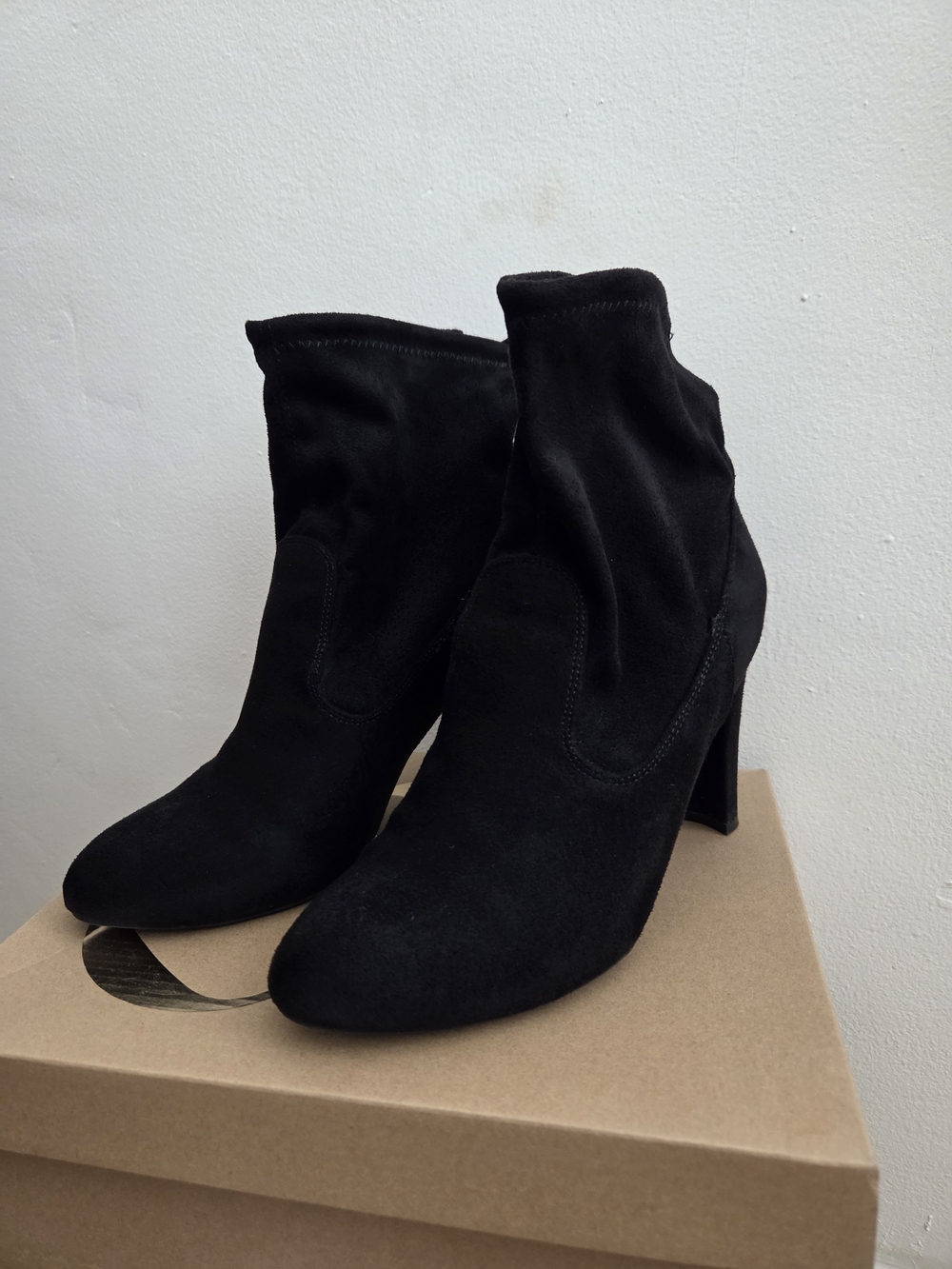 Women's Black Suede Ankle Booties with Block Heel - Picture 2 of 8